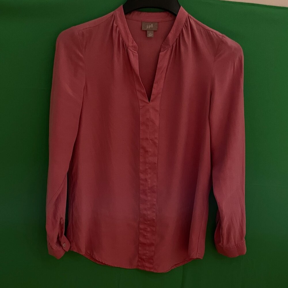 J.Jill Fuchsia-Pink Silk Blouse with shiny front placket and band collar, XS